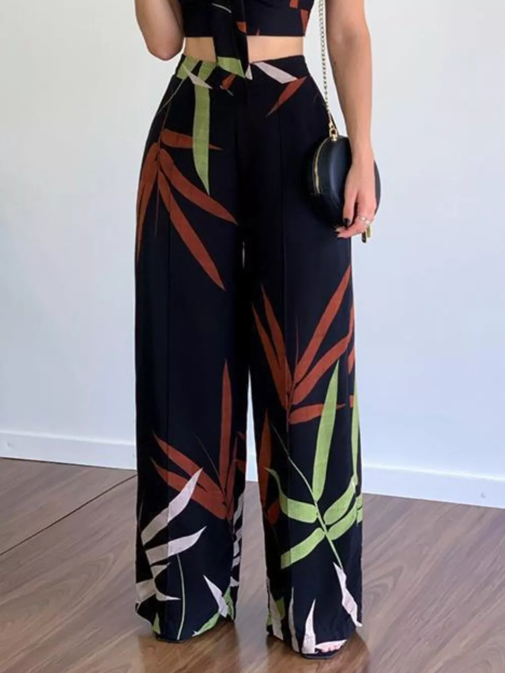 Tropical Print Spaghetti Strap Crop Top and Wide Leg Pants Set, image 3