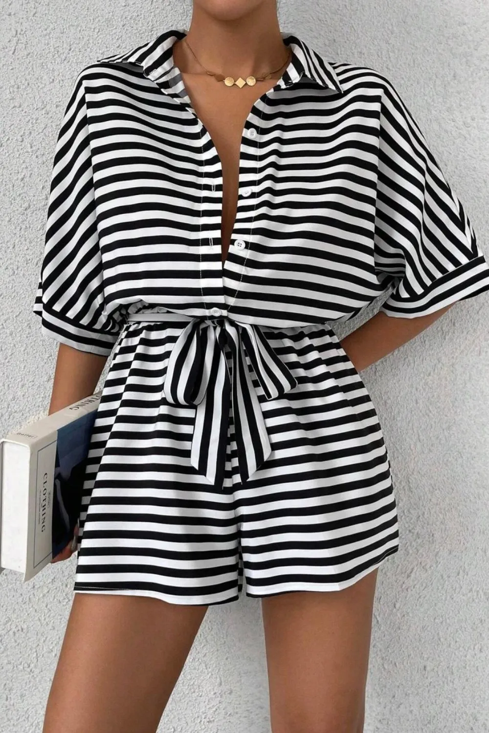 Striped Collared Neck Tie Waist Romper, image 8