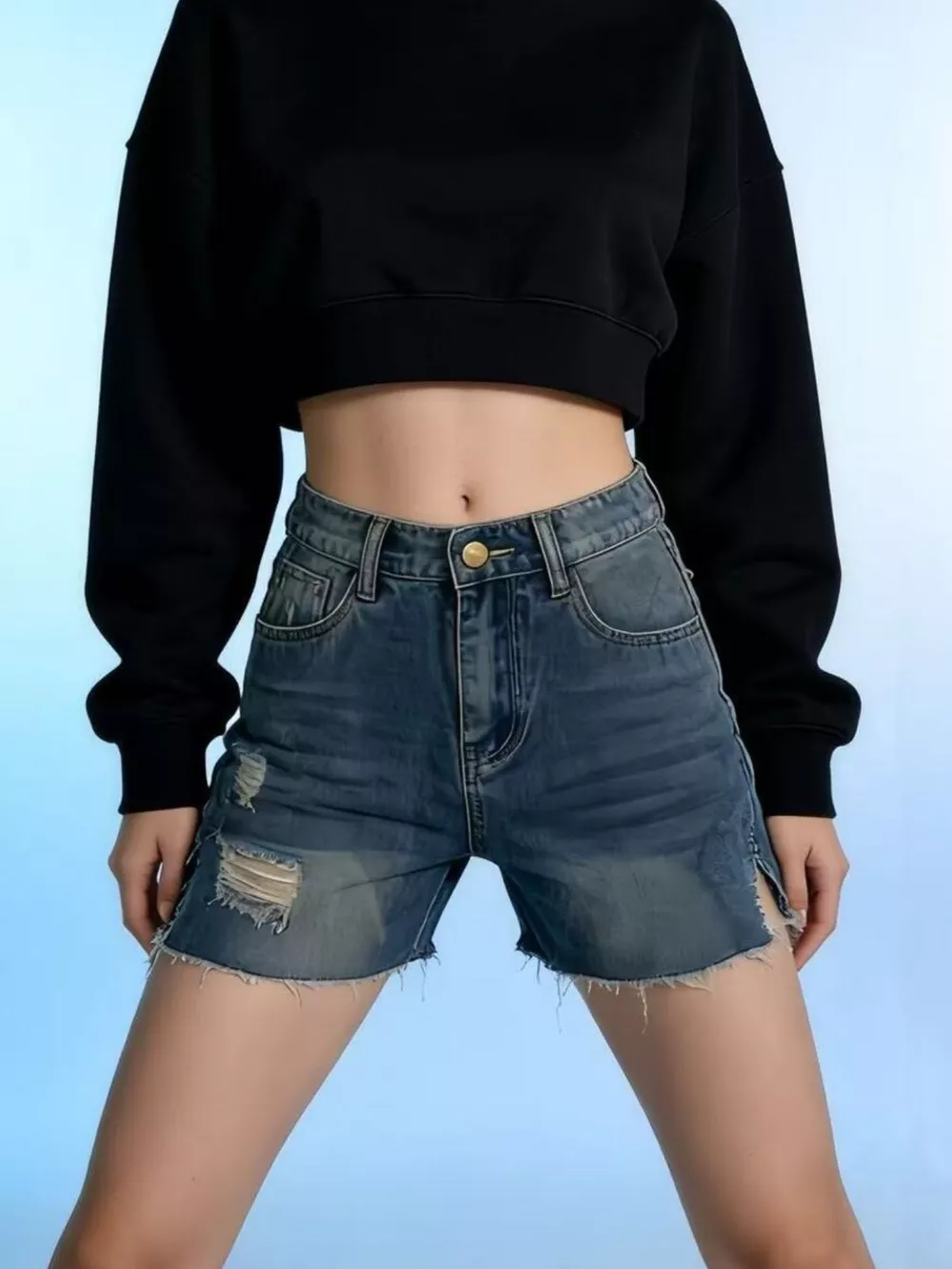 Distressed Slit Denim Shorts, image 4