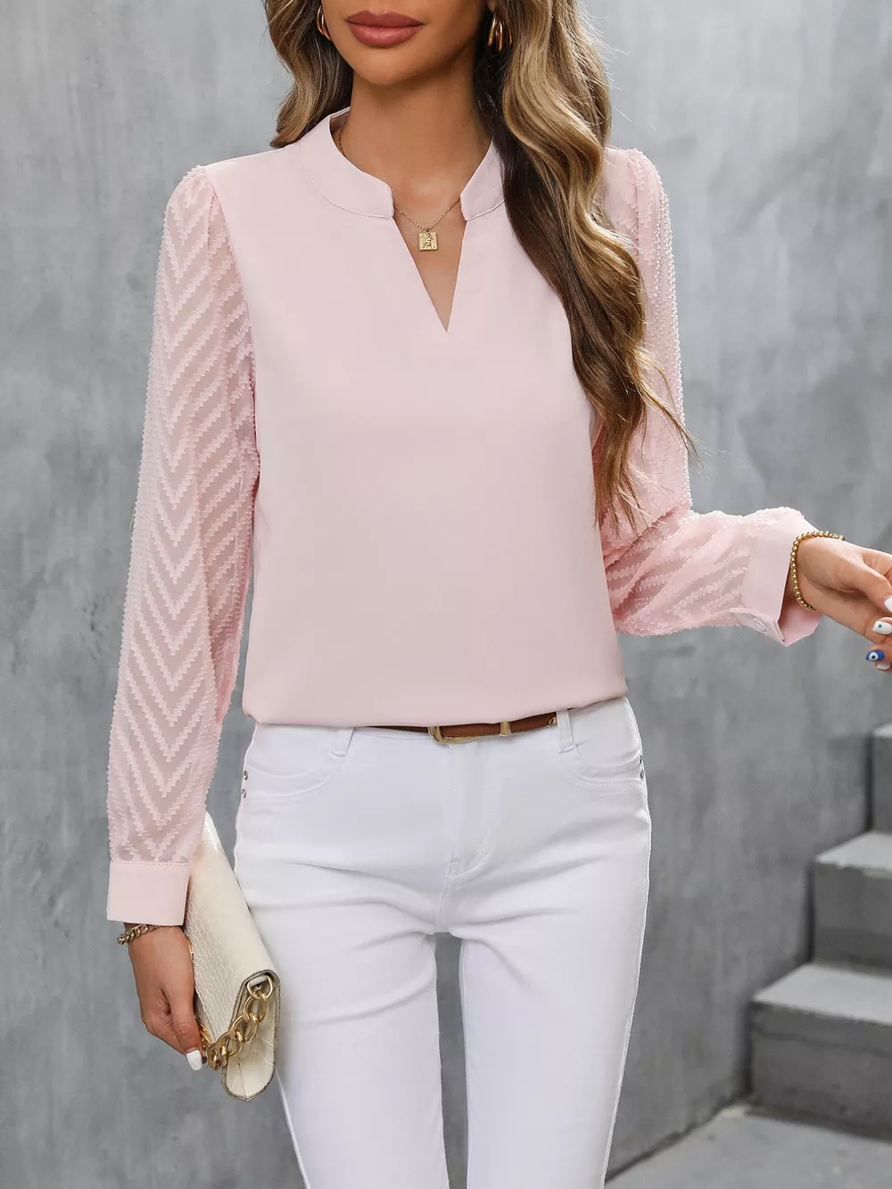 Sheer Sleeve V-Neck Blouse, image 3