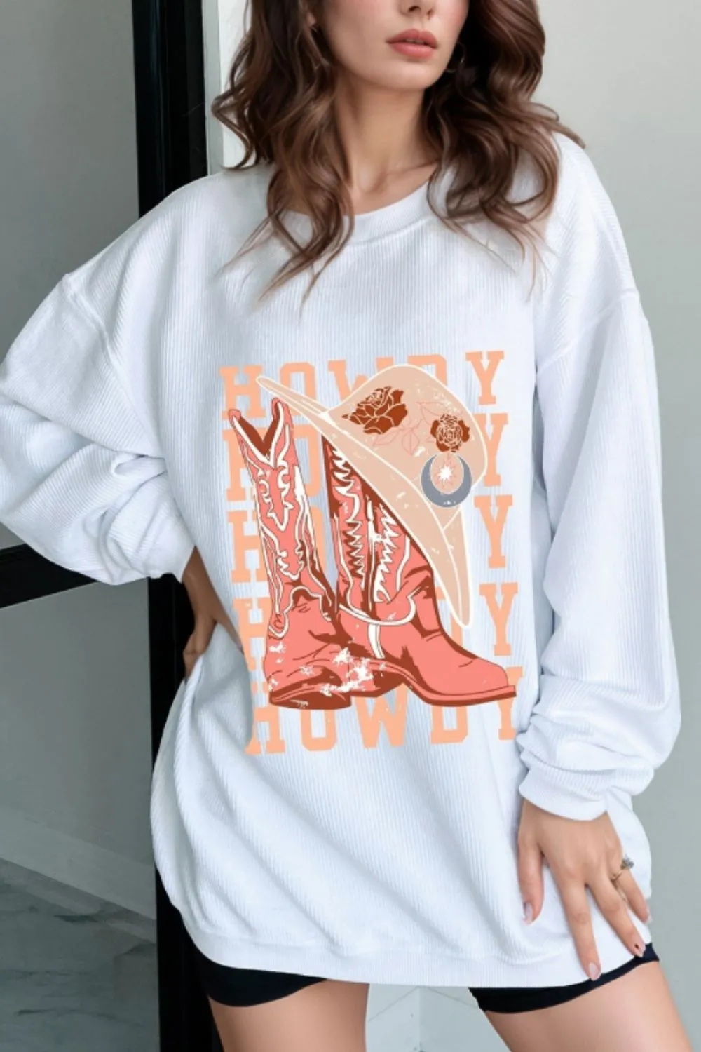 Boots Graphic Round Neck Long Sleeve Sweatshirt