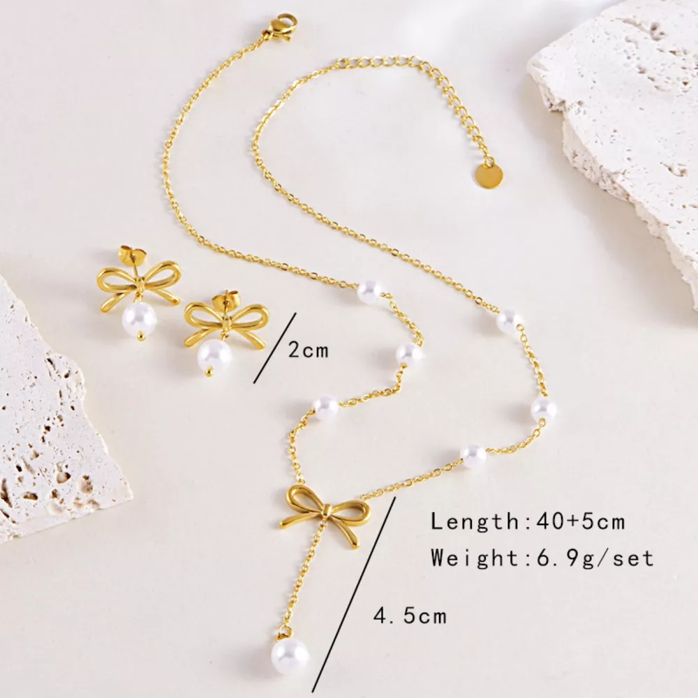 18K Gold-Plated Bowknot Pearl Jewelry Set, image 5