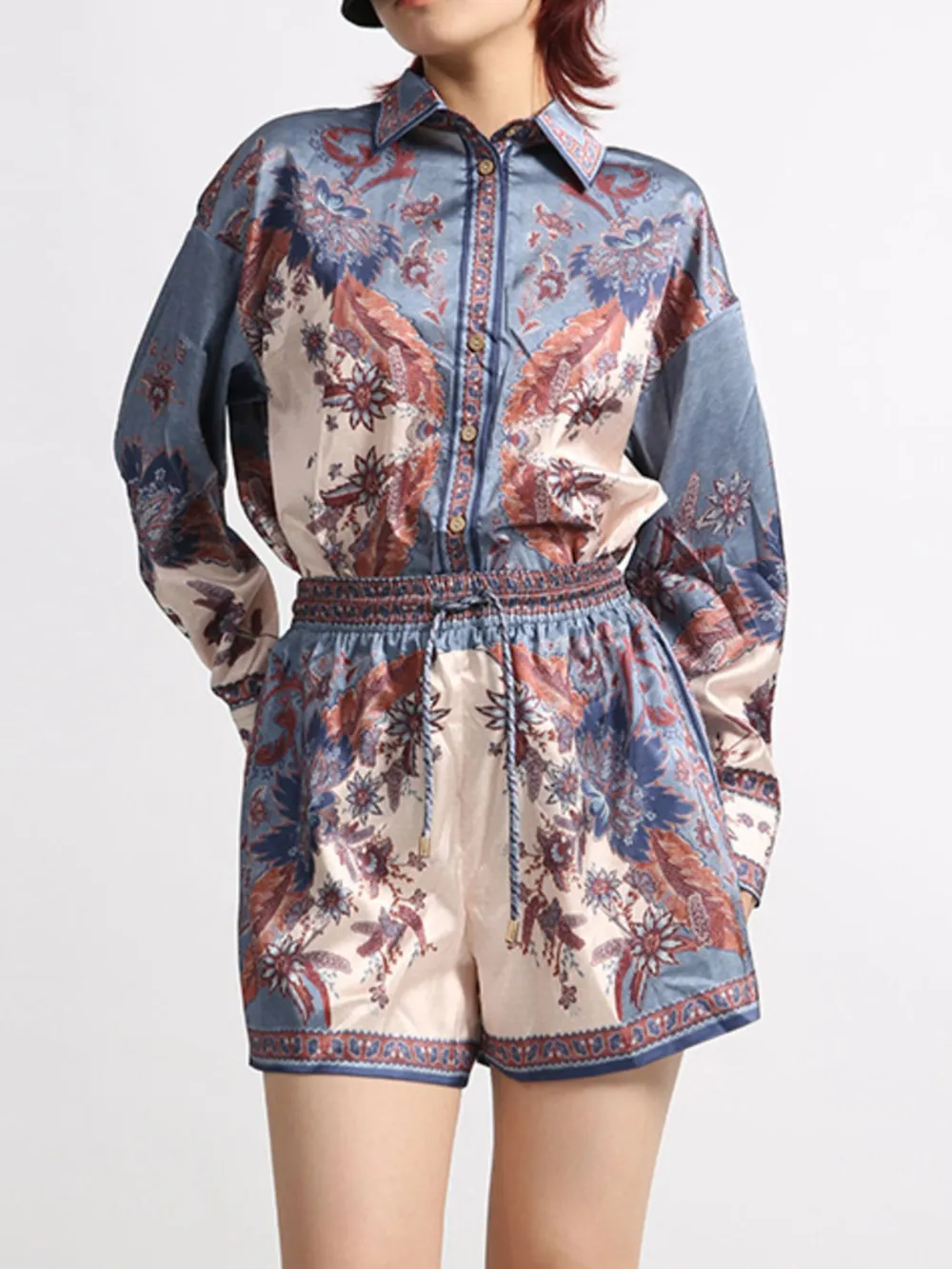 Printed Button Front Long Sleeve Shirt and Shorts Set, image 4