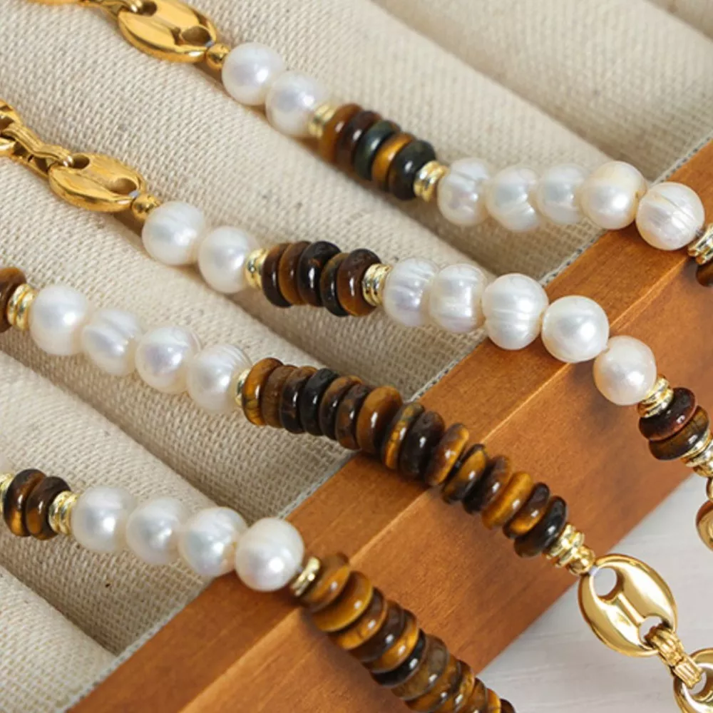 Tiger's Eye Freshwater Pearl 18K Gold-Plated Bead Necklace, image 7