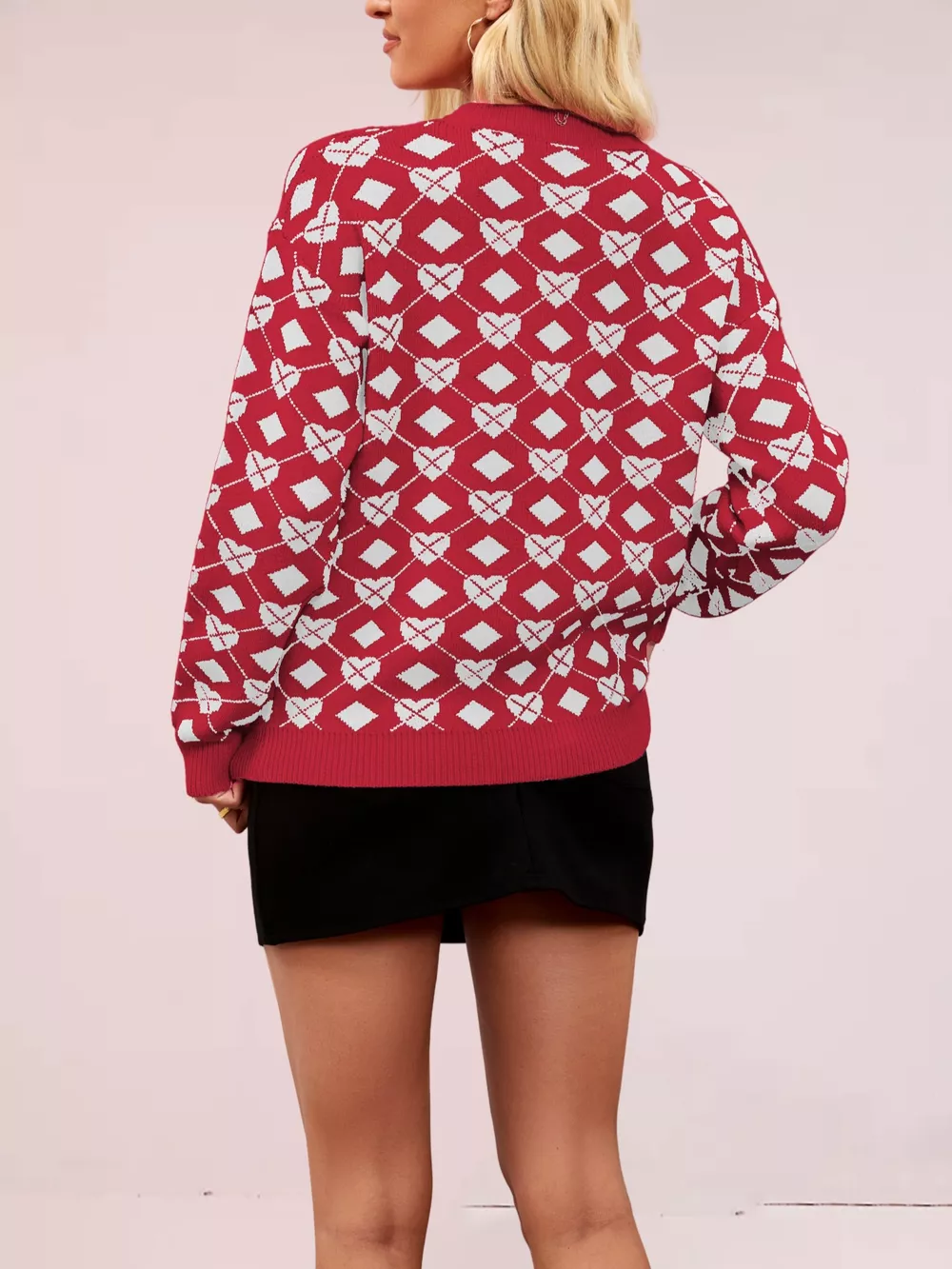 Heart & Diamond Pattern Long Sleeve Sweater, image 15