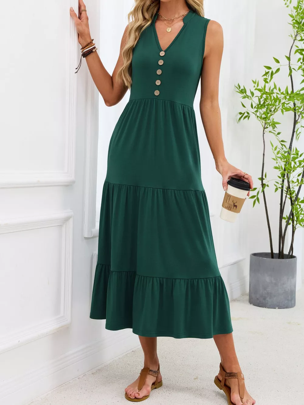 Sleeveless Notched Tiered Midi Dress, image 7