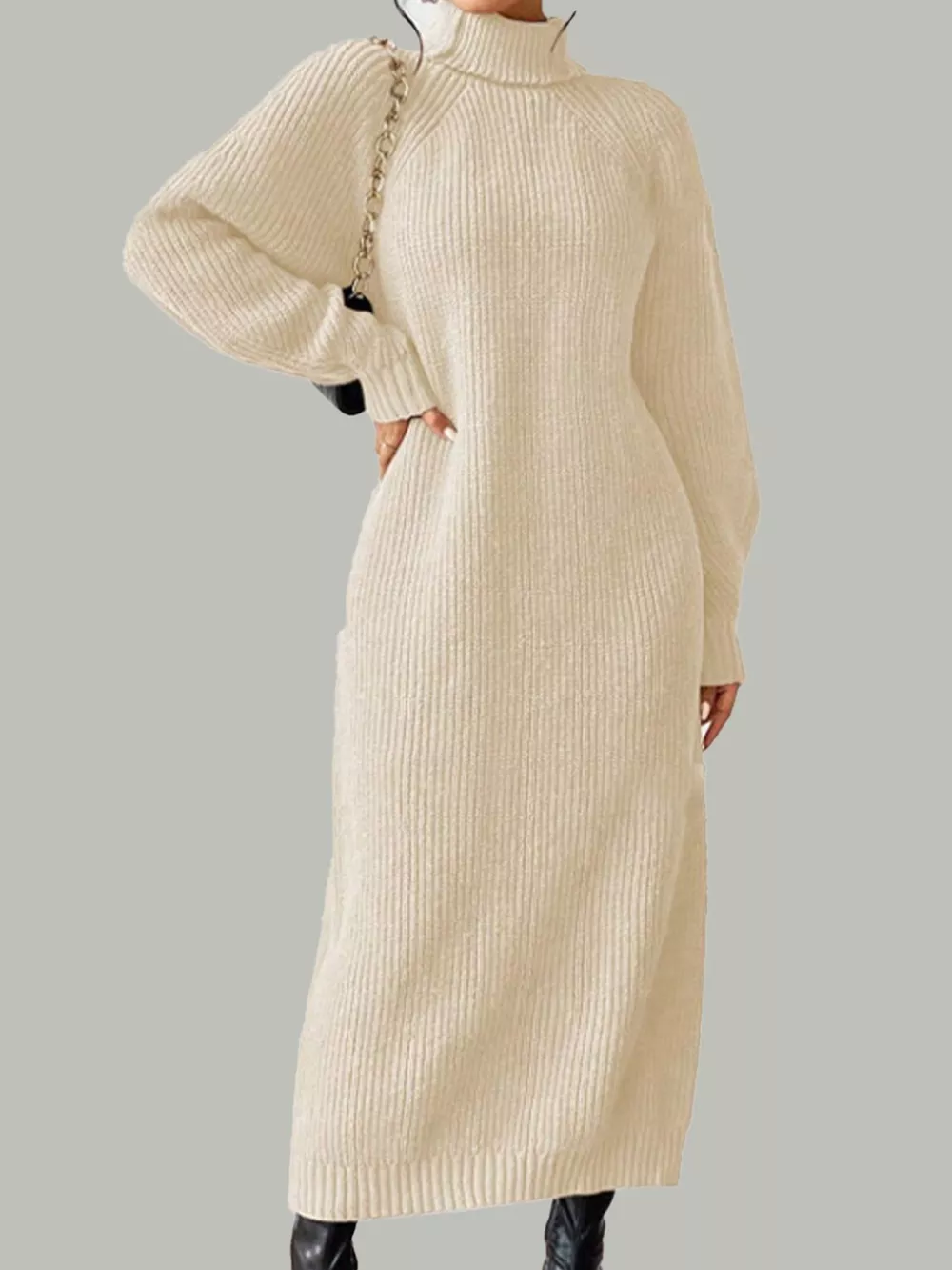 Turtleneck Ribbed Knit Midi Sweater Dress, image 2