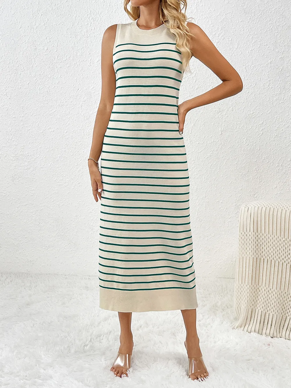 Round Neck Sleeve Midi Knit Dress, image 9