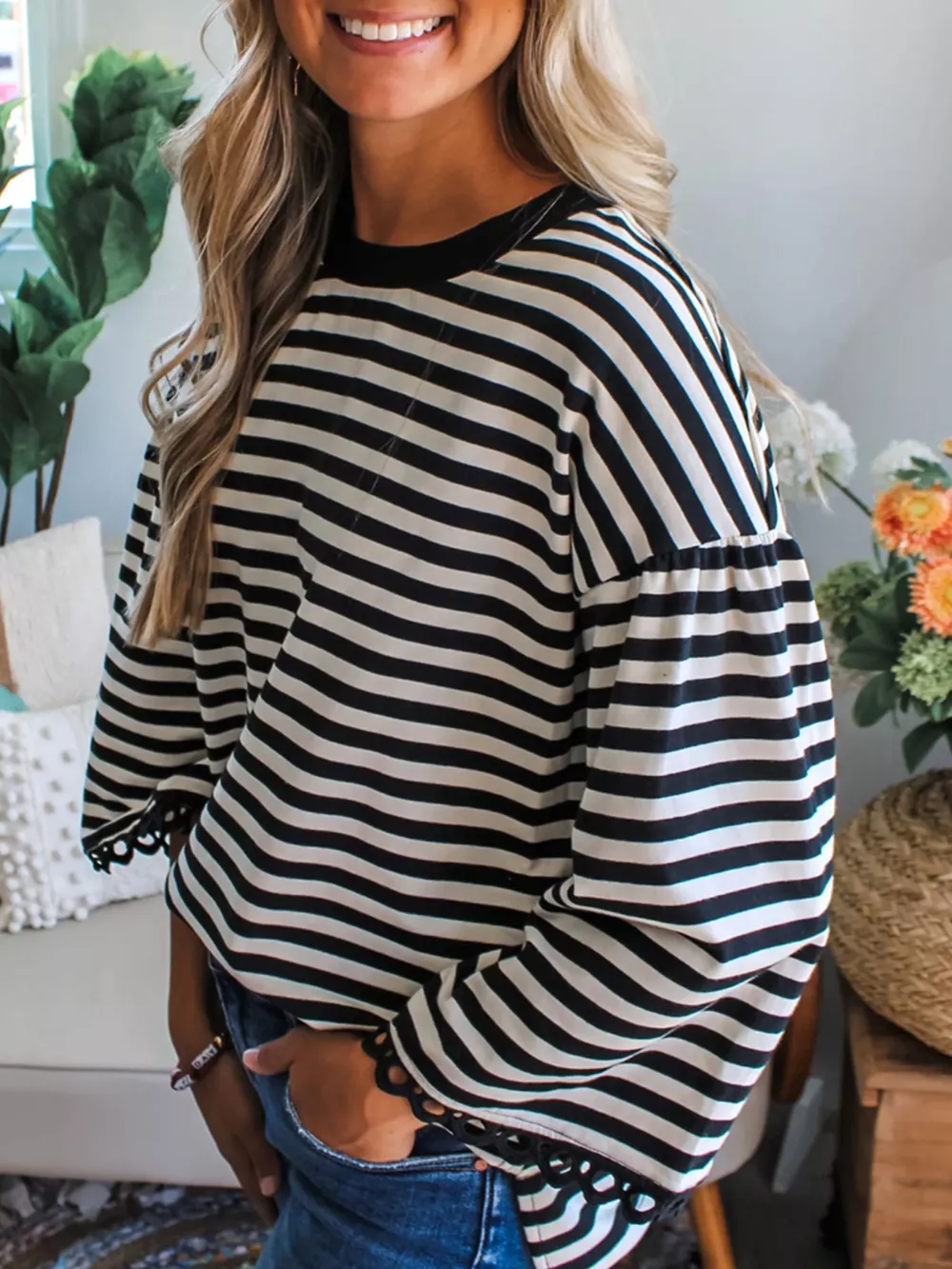 Striped Round Neck Bell Sleeve Top, image 2