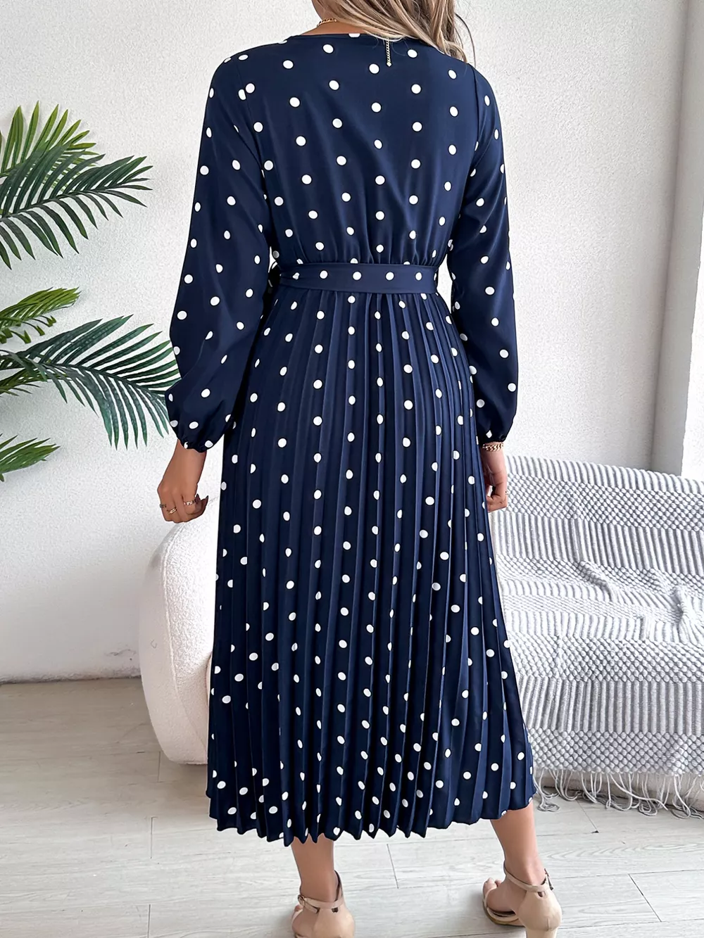 Front Tie Polka Dot Midi Pleated Dress, image 9