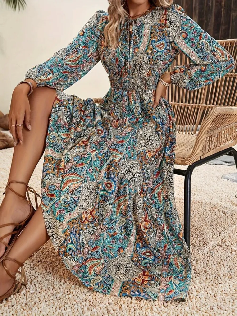 Printed Tie Neck Long Sleeve Maxi Dress, image 3
