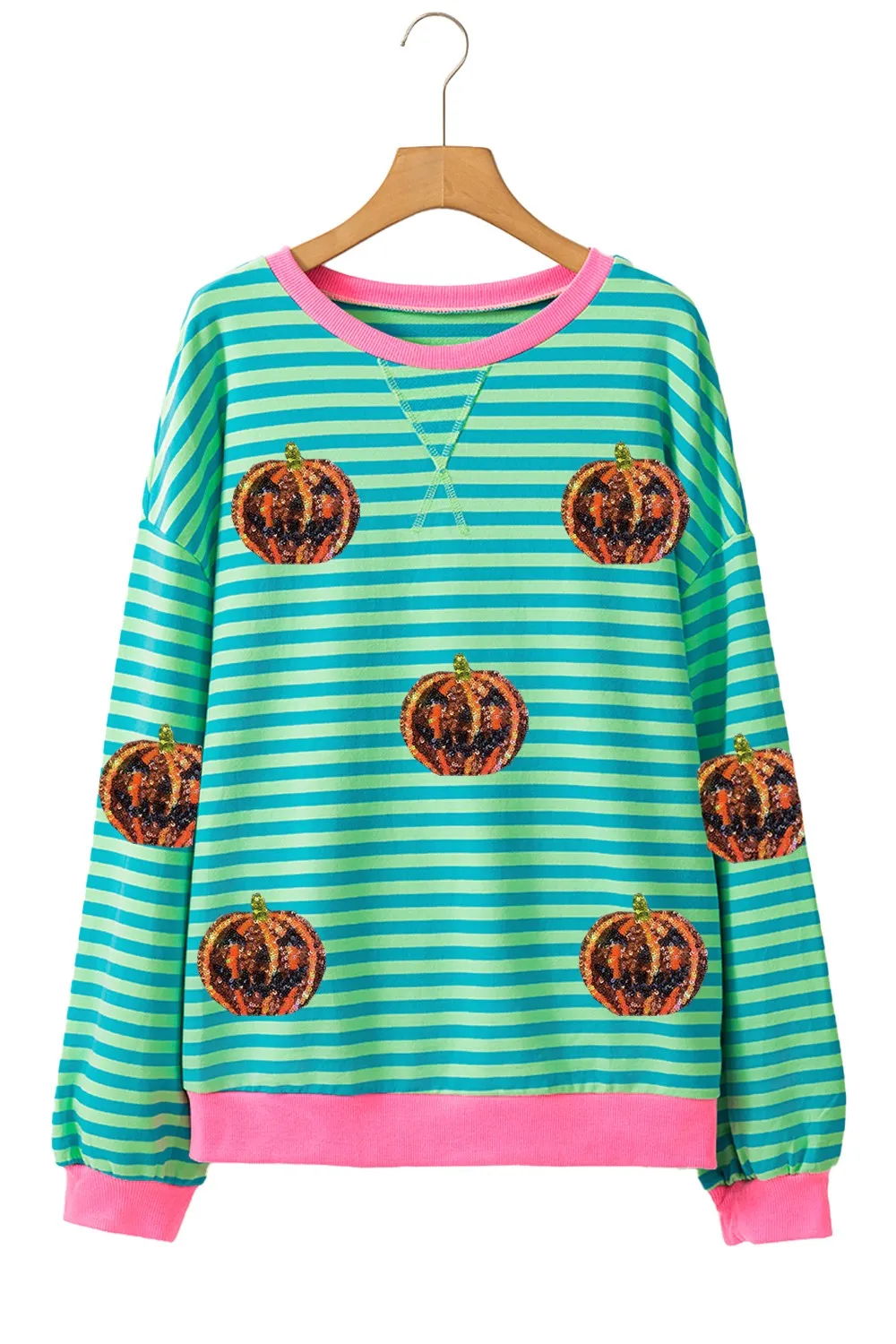 Pumpkin Striped Round Neck Long Sleeve Sweatshirt, image 5
