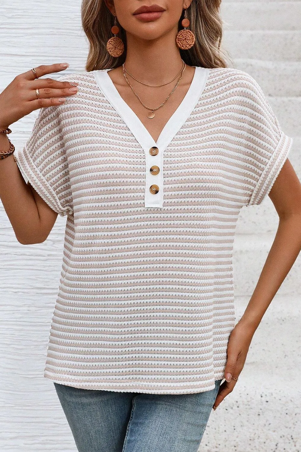 Stripe Buttoned Front V Neck T Shirt, image 2