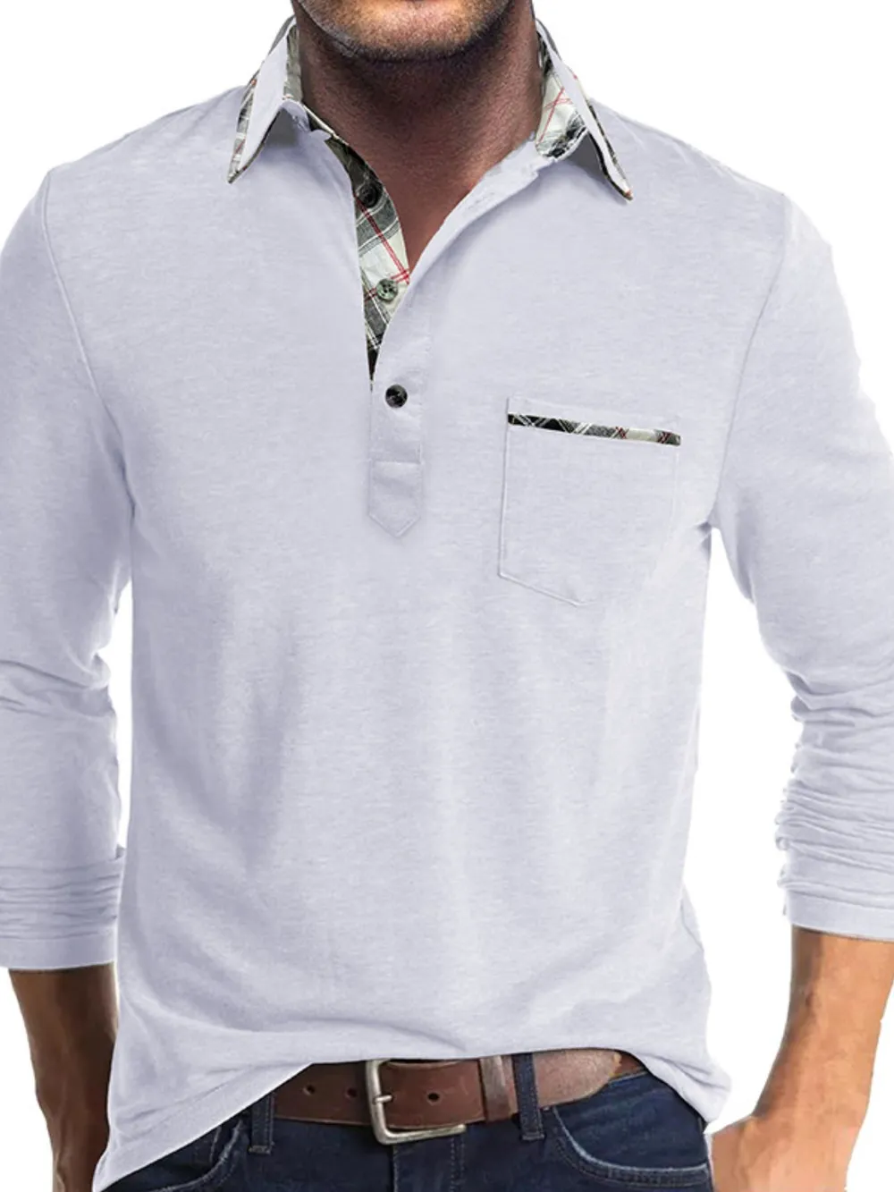 Men's Full Size Plaid Collar Neck Long Sleeve Polo Shirt Plus Size, image 6