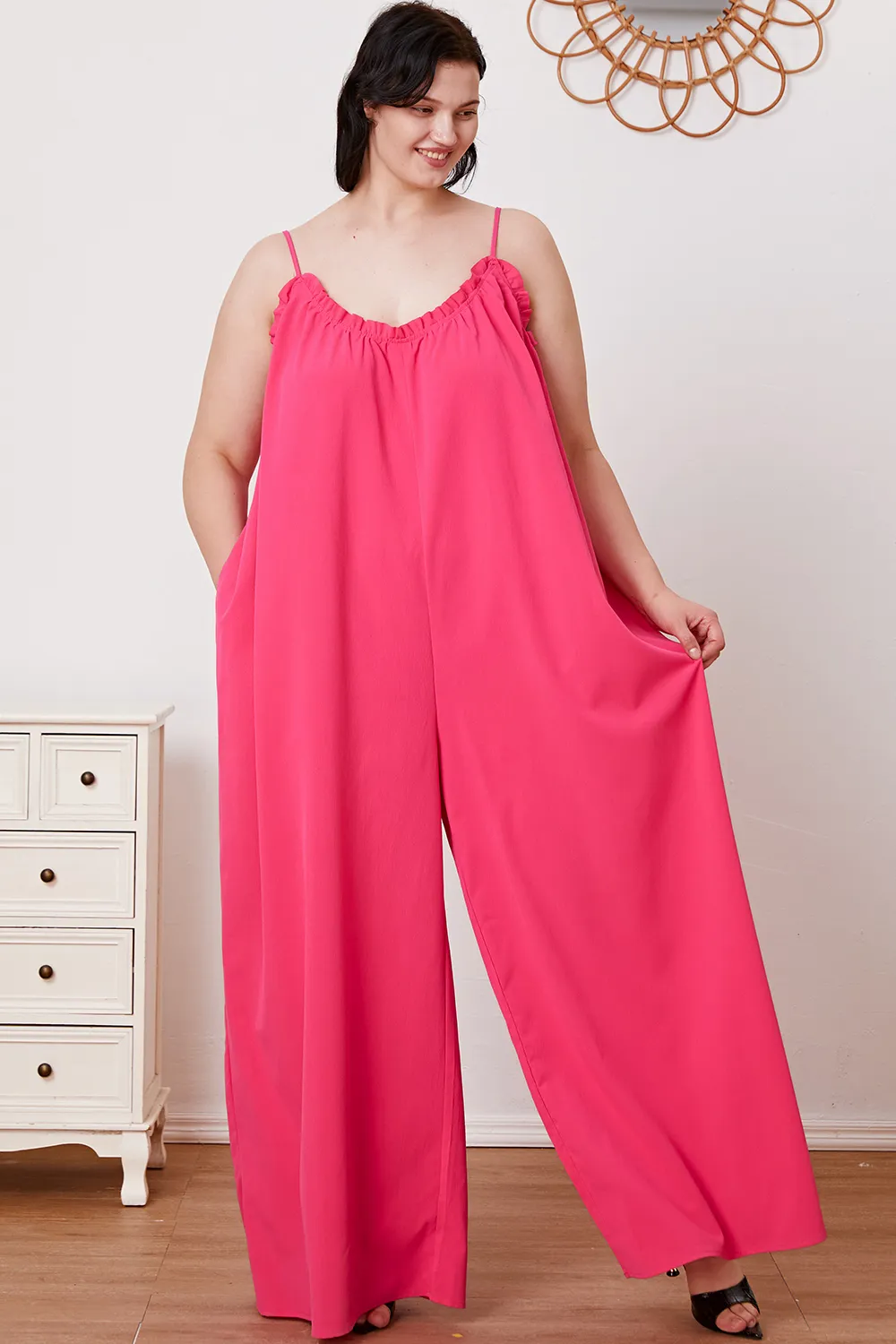 Full Size Ruffle Trim Tie Back Cami Jumpsuit with Pockets, image 6