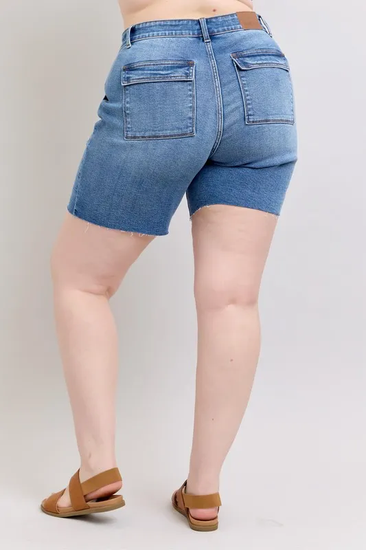 Full Size Mid Rise Bermudas Denim Shorts W/ Back Flap Pockets Plus Size, image 2