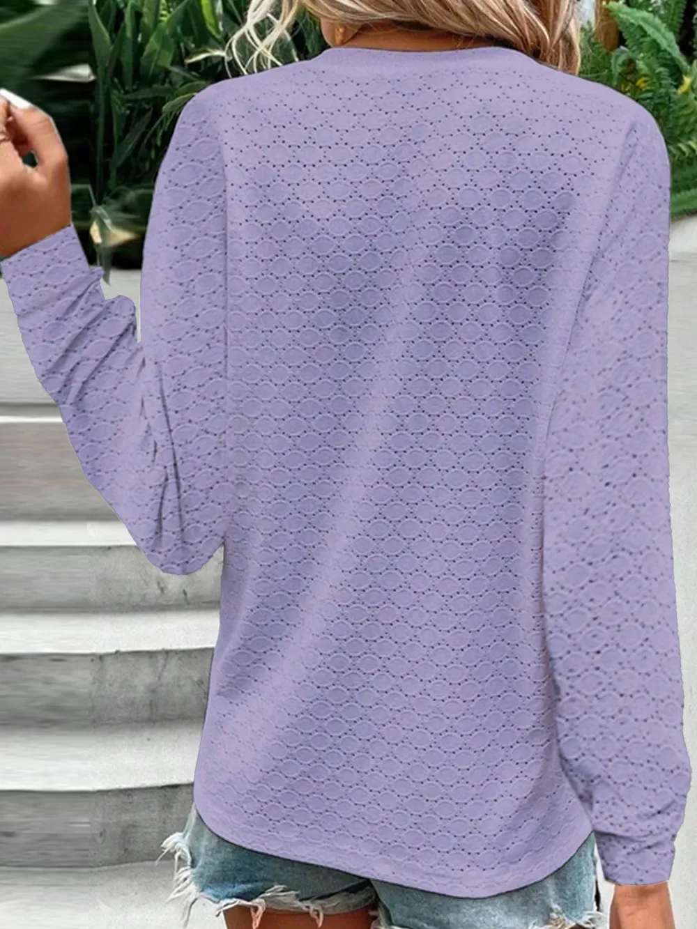 Eyelet Notched Long Sleeve T-Shirt, image 5
