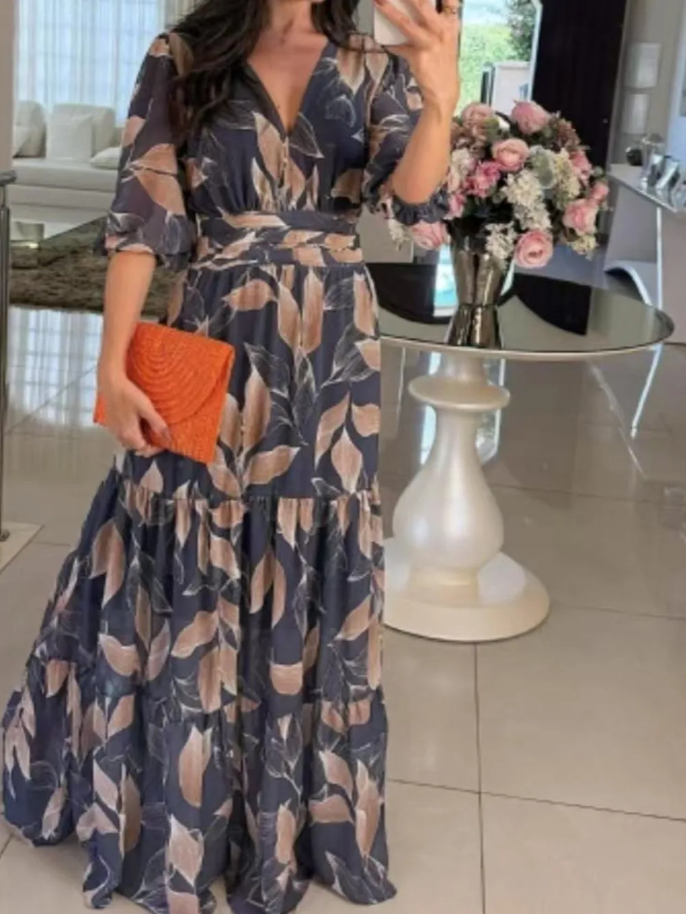 Full Size Printed V-Neck Maxi Dress with Tiered Hemline Plus Size, image 2