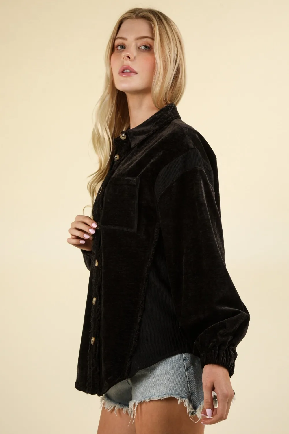 Mixed Media Button Down Raw Hem Shacket, image 3