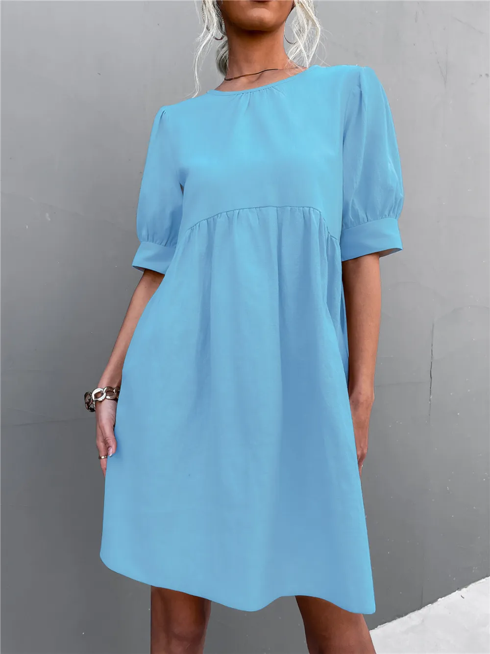 Round Neck Puff Sleeve Mini Dress, image 5