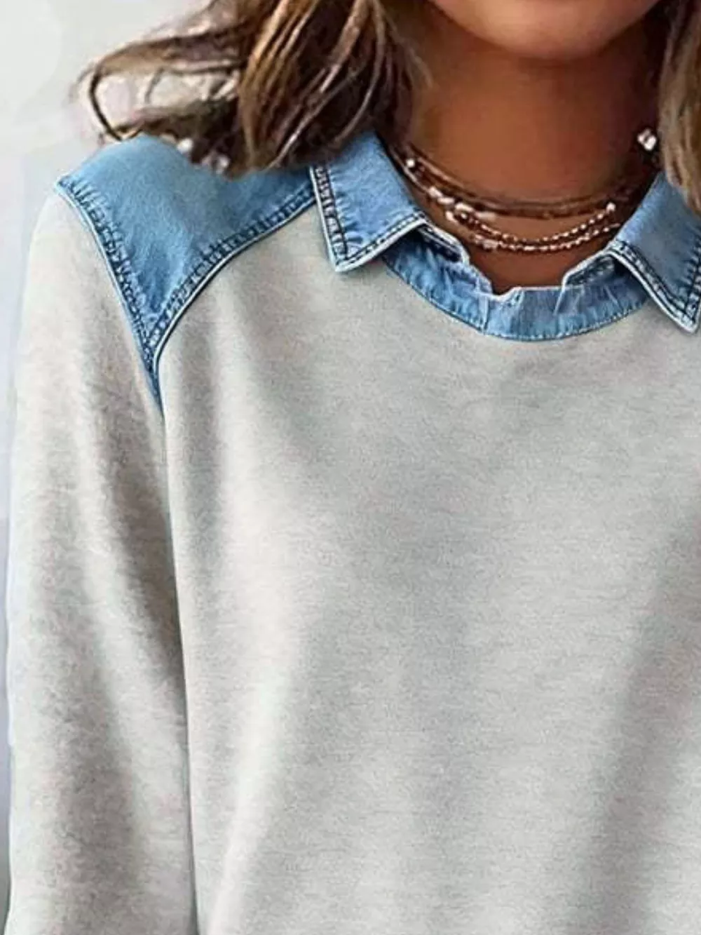 Full Size Denim Trim Long Sleeve Top Plus Size, image 4