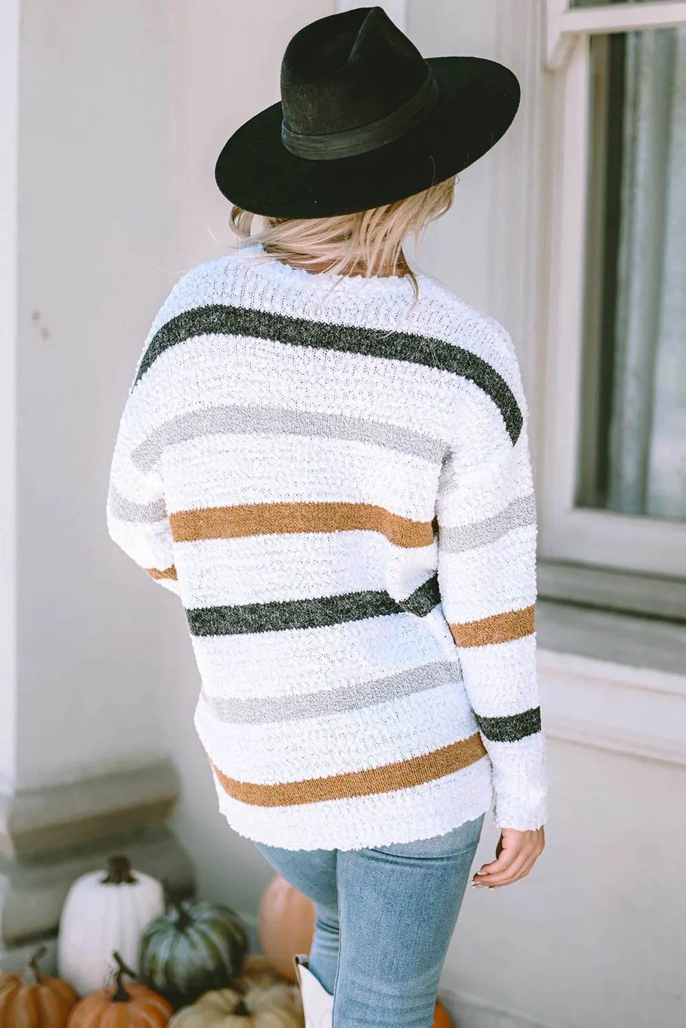 Striped Round Neck Dropped Shoulder Sweater, image 3