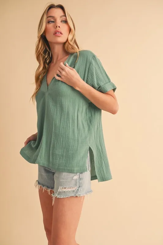 Side Slit V-Neck Short Sleeve Blouse, image 3