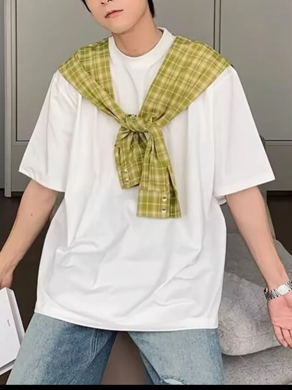 Men's Full Size Oversized T-Shirt with Plaid Shawl Plus Size, image 7