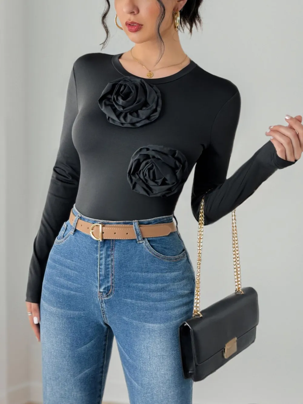 Flower Round Neck Long Sleeve Bodysuit, image 5