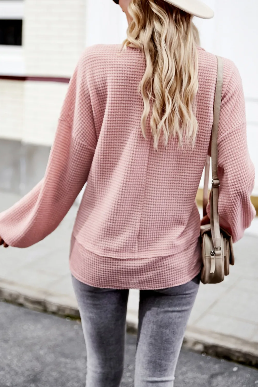 Waffle-Knit V-Neck Long Sleeve Top, image 3