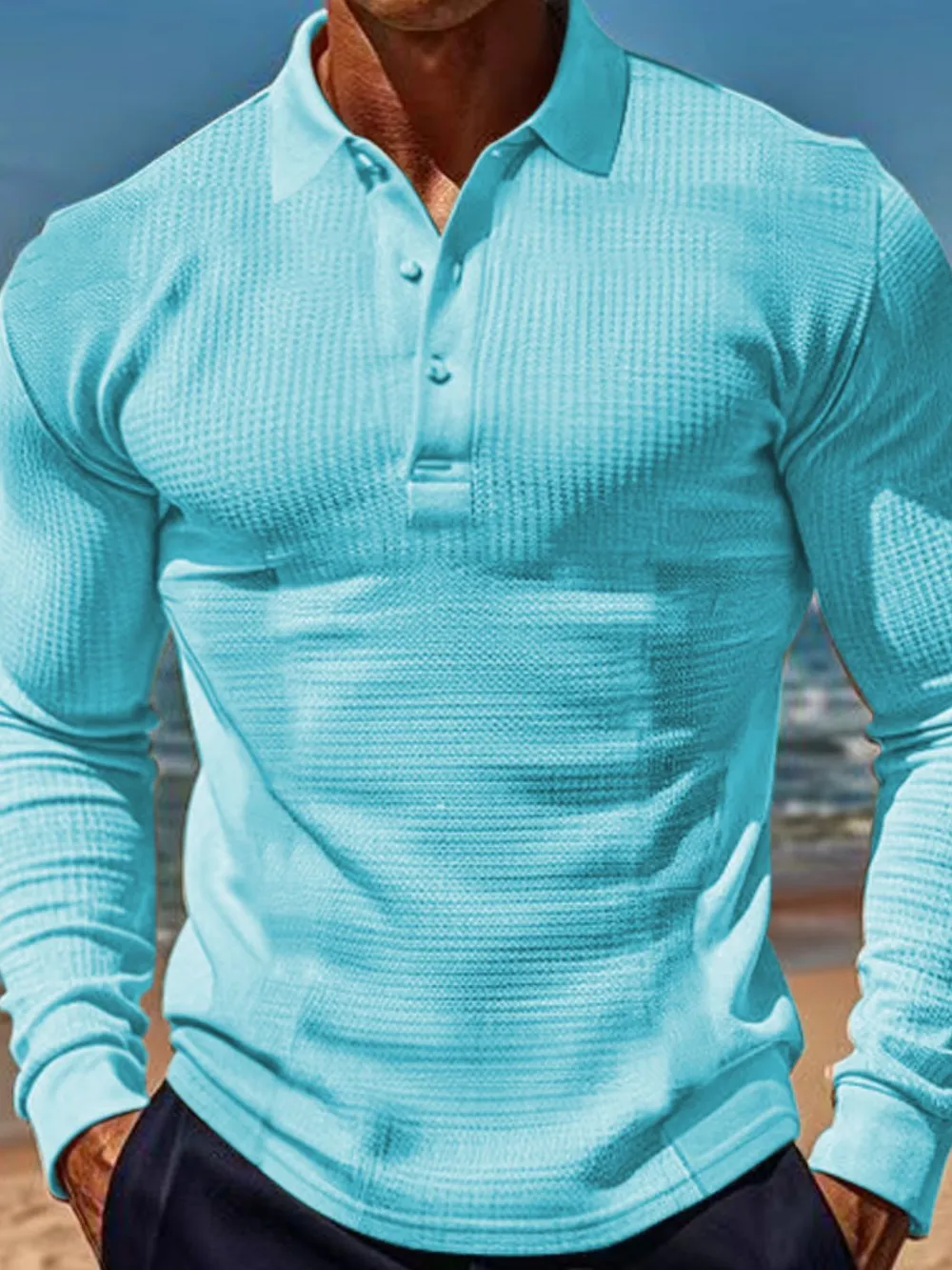 Men's Full Size Waffle-Knit Quarter Button Polo Plus Size, image 2