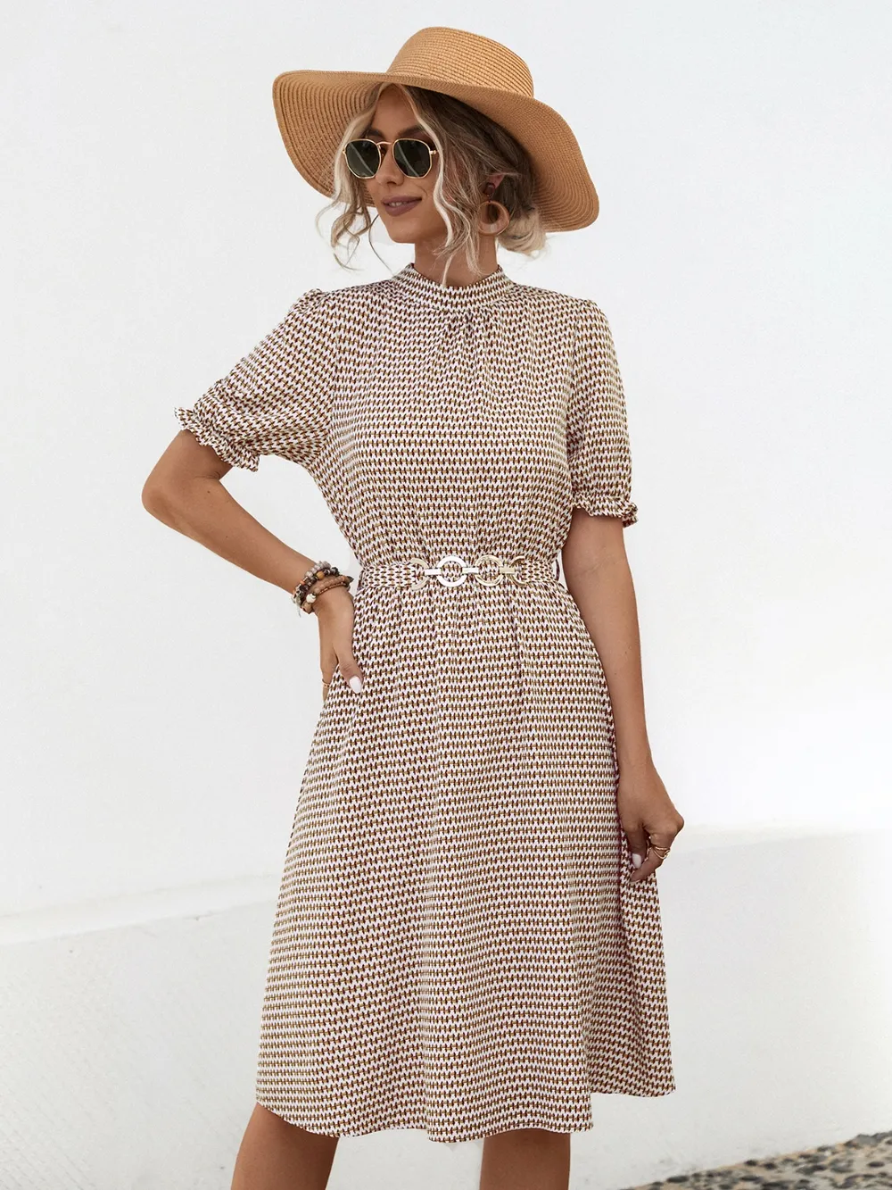 Printed Mock Neck Flounce Sleeve Dress, image 3