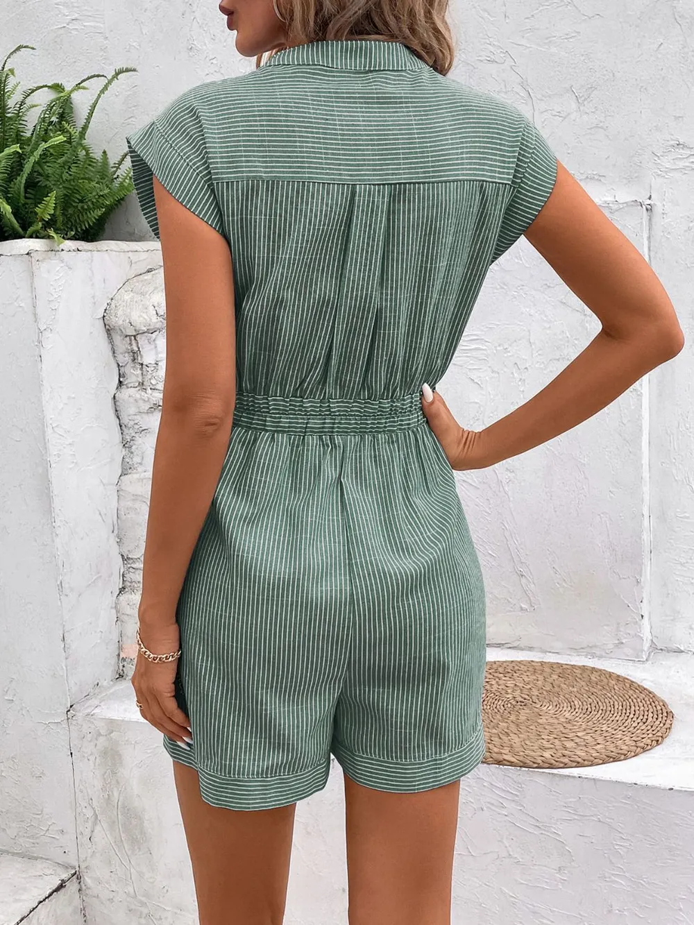 Striped Notched Tie Waist Romper, image 3
