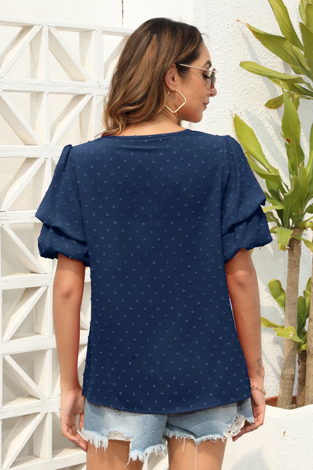 Swiss Dot V-Neck Short Sleeve Blouse, image 2
