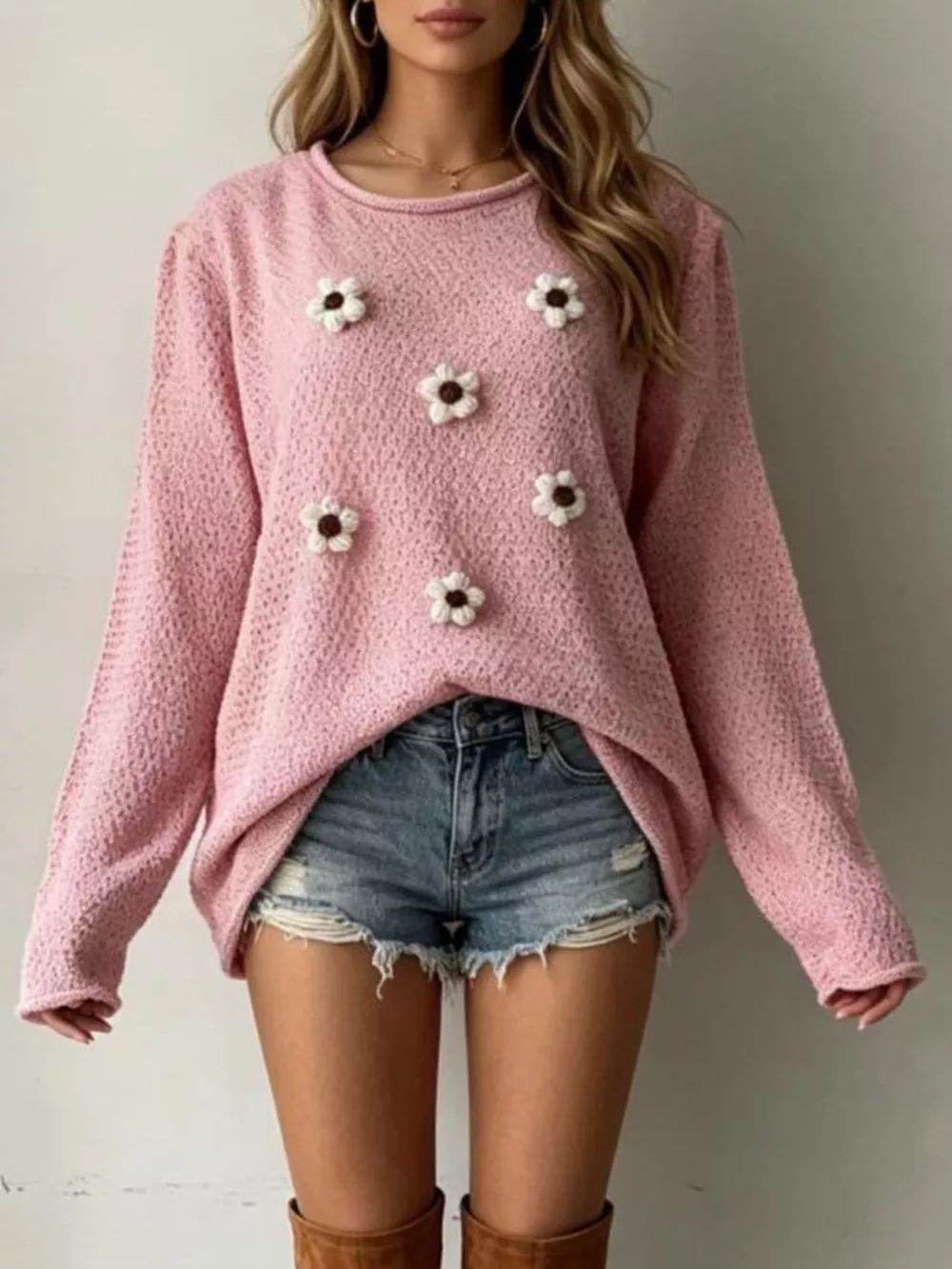 Full Size Floral Applique Textured Knit Sweater Plus Size, image 9