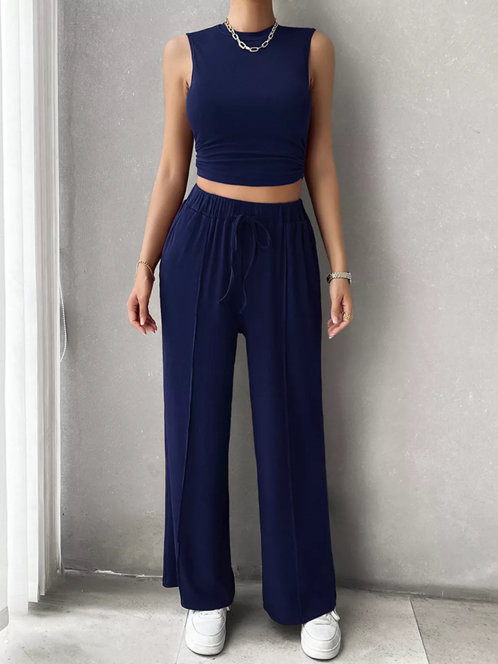 Mock Neck Sleeveless Top and Drawstring Pants Set, image 4