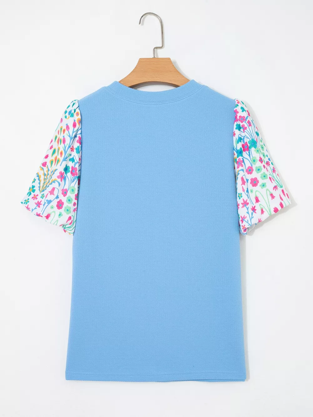 Round Neck Textured Contrast Floral Bubble Sleeve Blouse, image 5