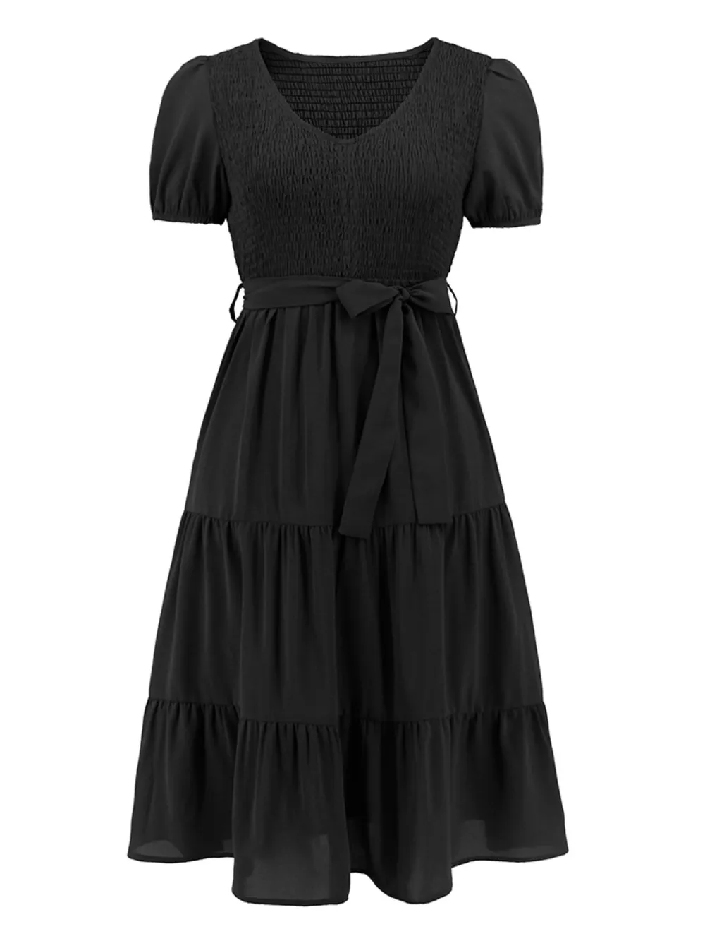 Smocked Tie Front Short Sleeve Tiered Dress, image 12
