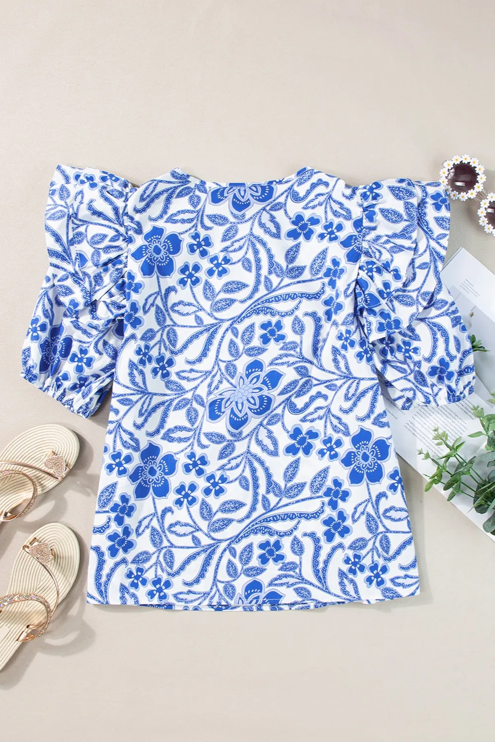 Printed Notched Half Sleeve Blouse, image 3