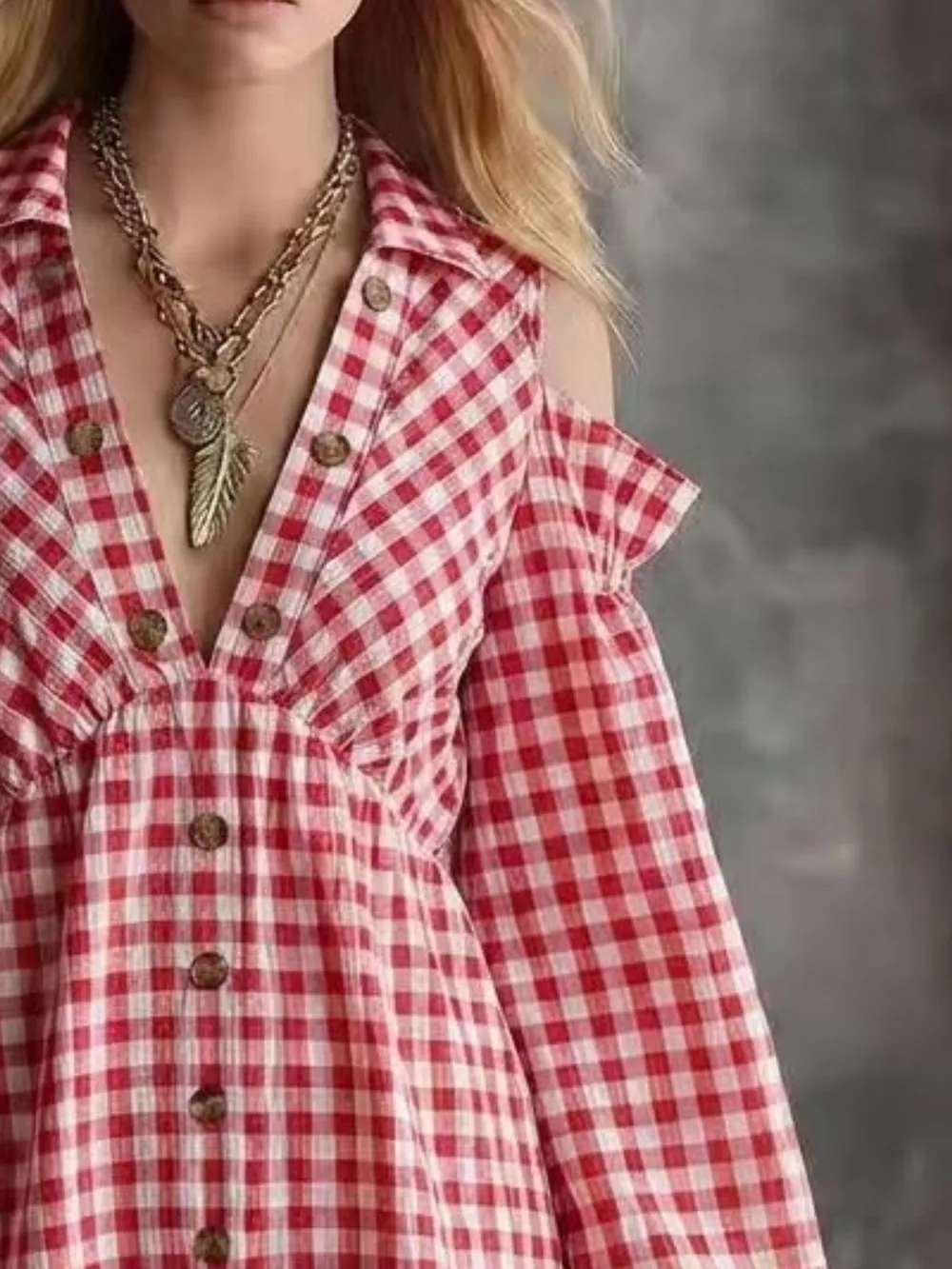 Gingham Cold-Shoulder Mini Dress, image 8