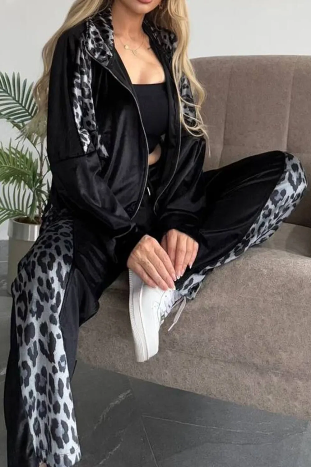 Full Size Collared Neck Leopard Zip Up Top and Pants Set Plus Size, image 3