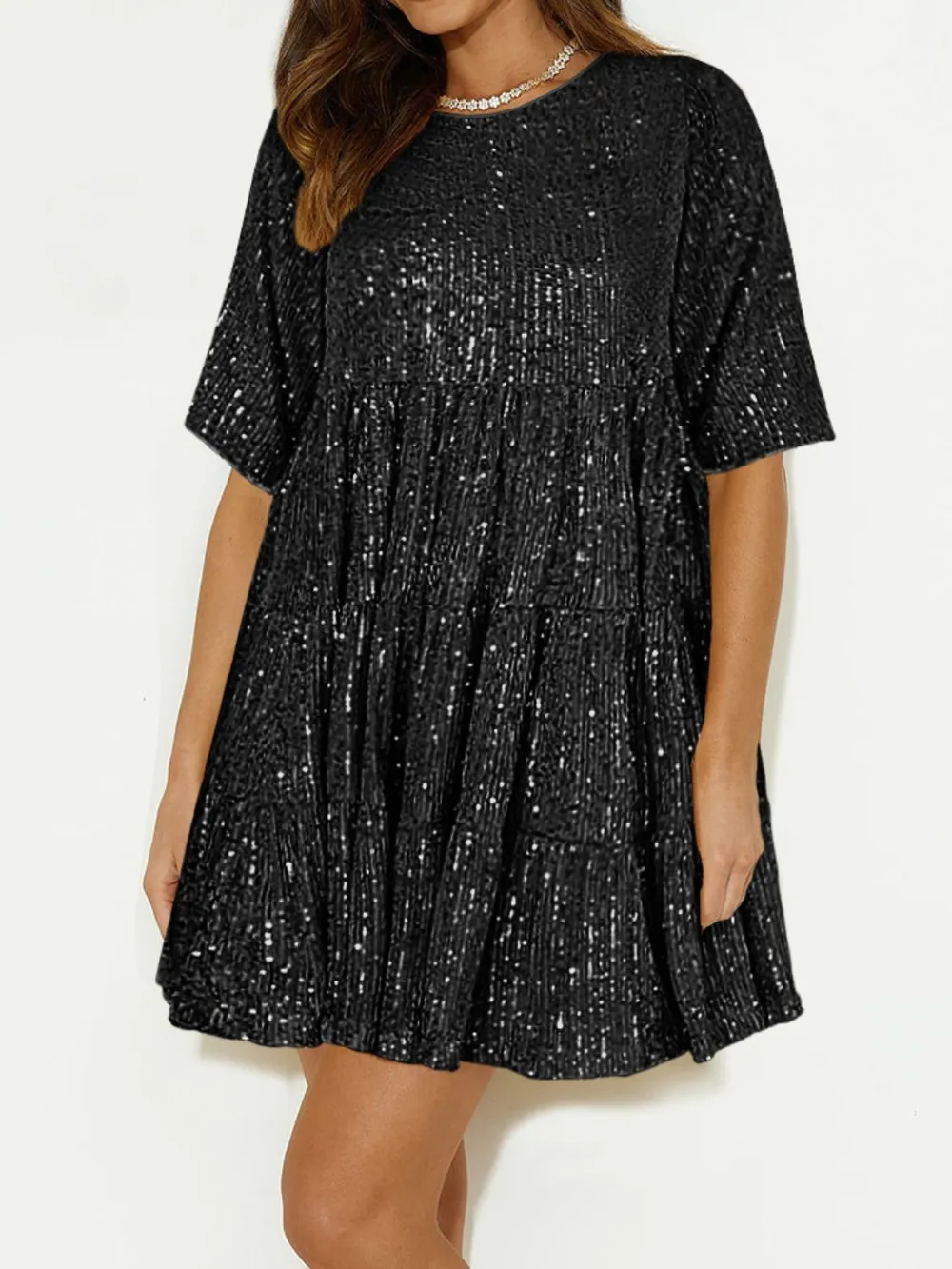 Sequin Round Neck Half Sleeve Mini Dress, image 8