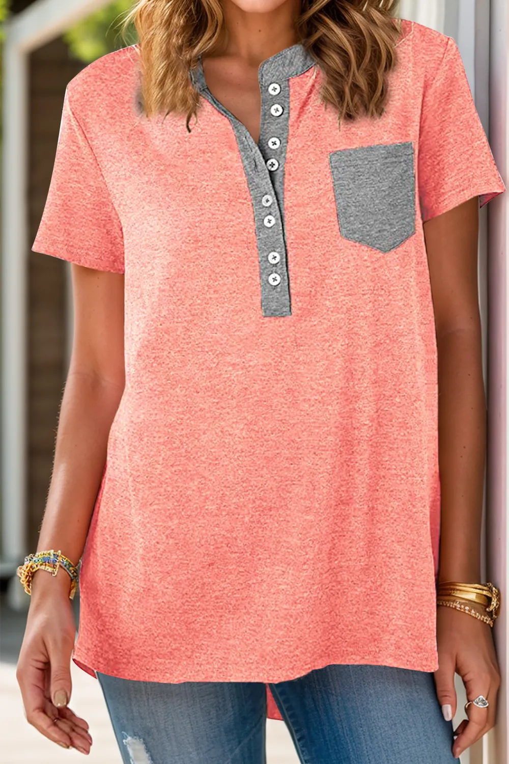 Full Size Half Button Short Sleeve T-Shirt, image 5