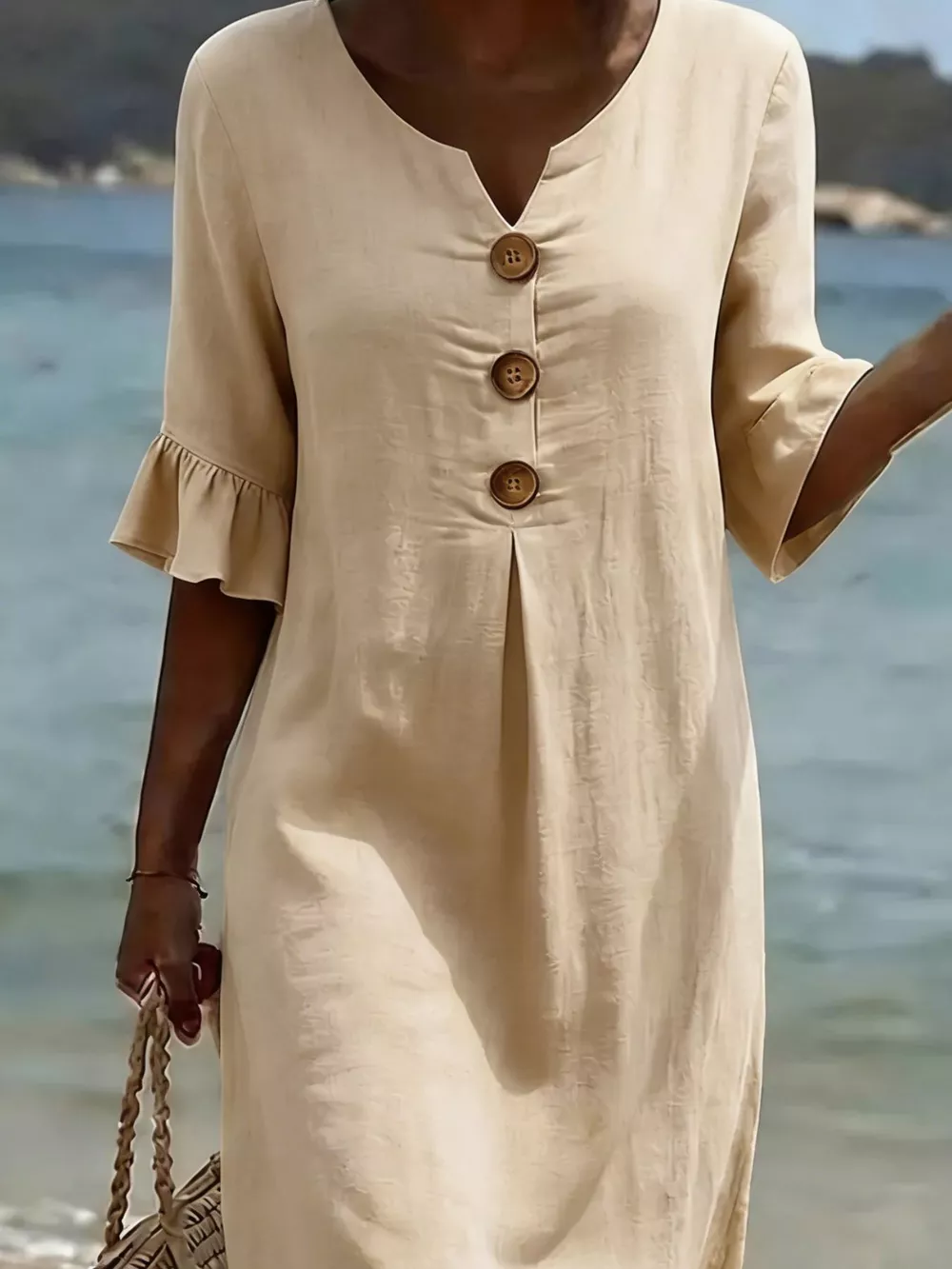 Full Size Button Decor Flounce Sleeve Dress Plus Size, image 15