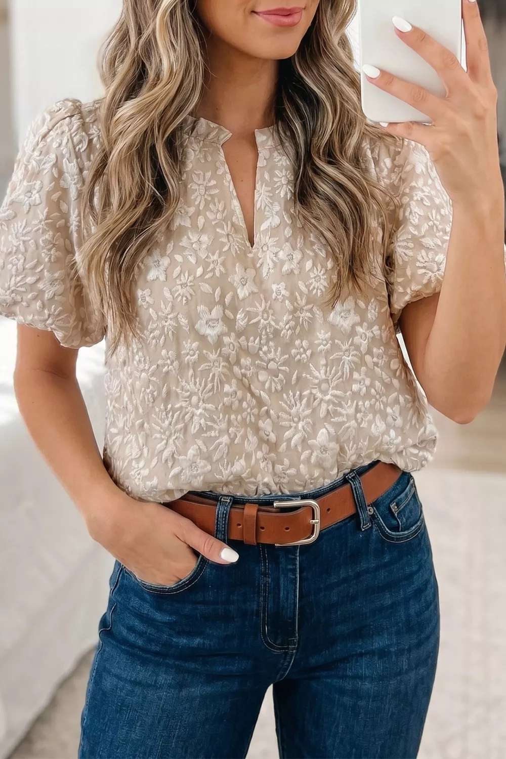 Floral Textured Jacquard Puff Sleeve Blouse, image 2