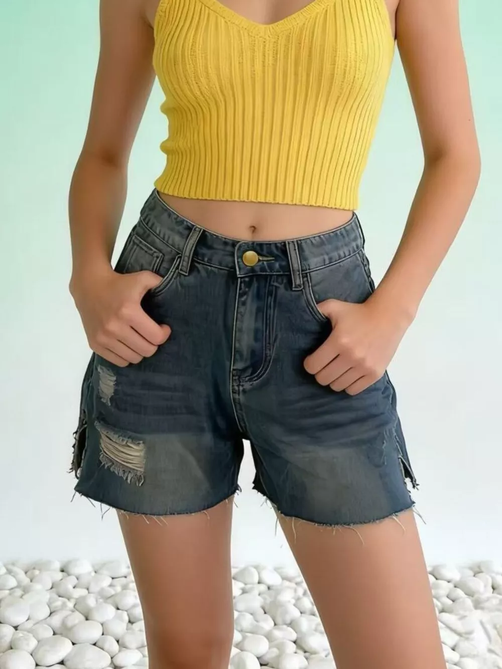 Distressed Slit Denim Shorts, image 2