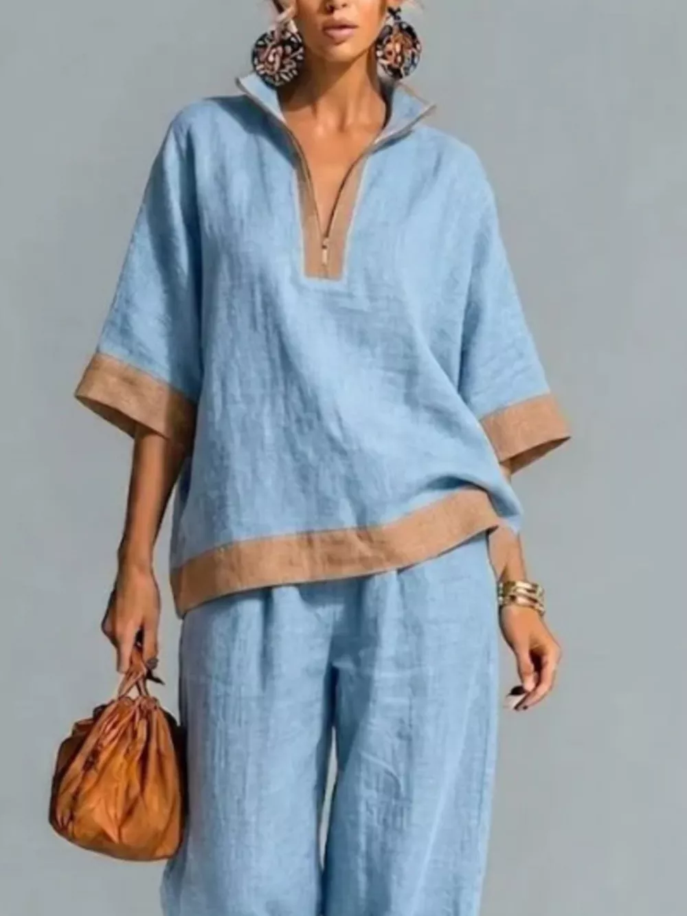 Full Size Contrast Trim Top and Wide Leg Pants Set Plus Size, image 8
