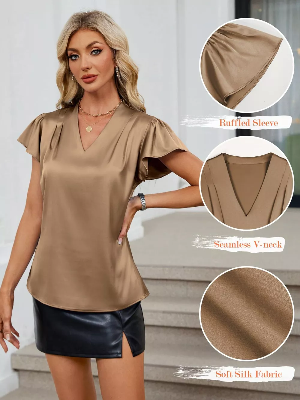 Satin V-Neck Flutter Sleeve Blouse, image 20