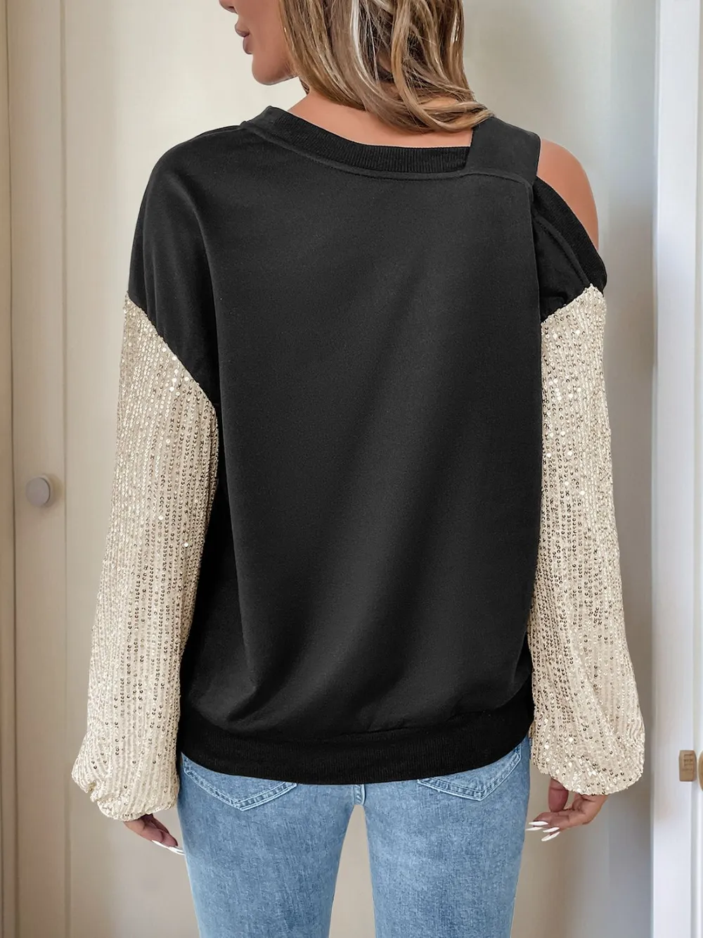 Sequin Asymmetrical Neck Long Sleeve Sweatshirt, image 2