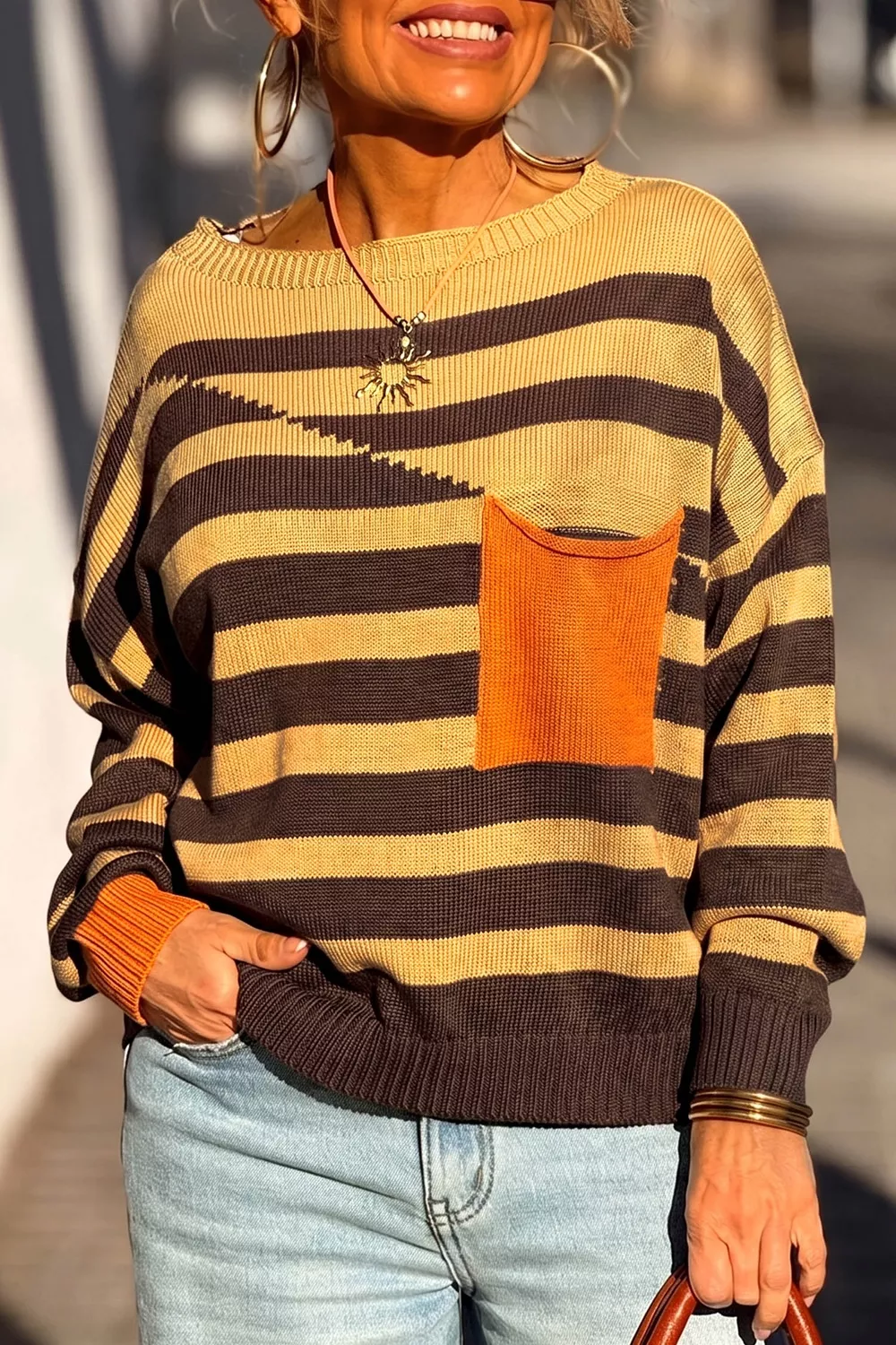 Stripe Striped Drop Shoulder Colorblock Pullover Sweater, image 2